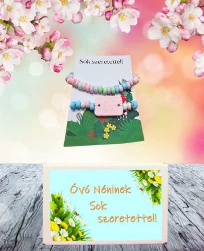 Óvónőnek Sok Szeretettel feliratos ajándék doboz ehető cukorka nyaklánccal és órával- Vicces ajándék óvónőknek