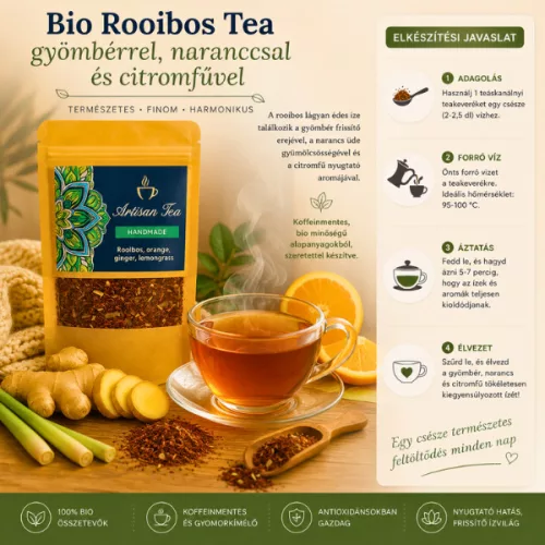 Bio szálas  Rooibos Tea , gyömbérrel, naranccsal ,és citromfűvel 50 gr