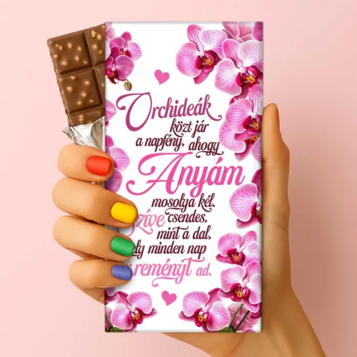 Orchidea mintás feliratos csokoládé anyák napi ajándék ötlet